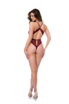 Back View view of a bodysuit in contemporary wavy lace featuring a plunge neckline, open back design, and adjustable crotch fastening for a stylish look and thong back