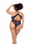 Plus size back view of a bodysuit in contemporary wavy lace featuring a plunge neckline, open back design, and adjustable crotch fastening for a stylish look and thong back