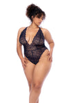 Plus size Front view of a bodysuit in contemporary wavy lace featuring a plunge neckline, open back design, and adjustable crotch fastening for a stylish look and thong back