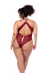 Plus size back iew of a bodysuit in contemporary wavy lace featuring a plunge neckline, open back design, and adjustable crotch fastening for a stylish look and thong back