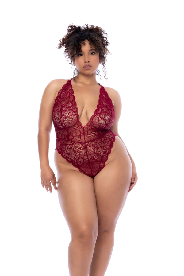 Plus size Front view of a bodysuit in contemporary wavy lace featuring a plunge neckline, open back design, and adjustable crotch fastening for a stylish look and thong back