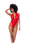Front view of a seductive high-cut bodysuit featuring heart lace, a plunge halter neckline, and satin bow ties on the sides.
