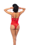 A daring mesh and eyelash lace bodysuit featuring an open cup design, underwire support, built-in elastic cuffs, adjustable straps, and medium coverage.