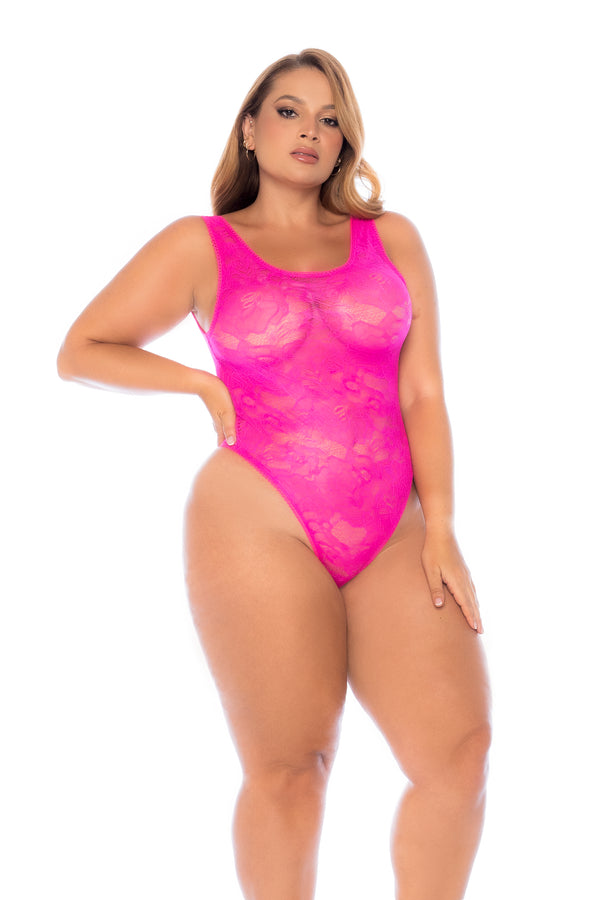 Seductive Pink Lace Bodysuit with Full Lace-Up Back & Sheer Design