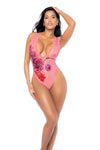 Romantic Blushing Pedal Lace Bodysuit with Sheer Mesh & Plunging Neck