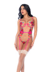 Seductive Garden Teddy with Floral Embroidery, Garters & Lace-Up Back