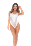 Classic White Lace Bodysuit with Sheer Mesh & Lace-Up Back