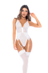 Signature White Lace Teddy with Sheer Mesh, Garters & Lace-Up Back