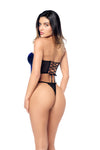 Back View: lace-up corset-style back on black and blue velvet lace bra with matching thong.