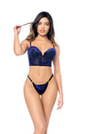 Front View: black and sapphire blue velvet lace two-piece lingerie set with balconette bra and thong.
