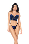 Front View: black and sapphire blue velvet lace two-piece lingerie set with balconette bra and thong.