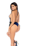 Back View: open-back halter teddy in black and sapphire blue lace with cheeky cut and waist tie.