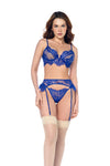 Front View: sapphire blue lace bra with underwire, matching panty, and garter belt — Mapale 8941 three-piece lingerie set front.