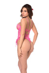 Flirty Pink Lace Teddy, Sheer Underwire Mesh Bodysuit with Ruffle Detail