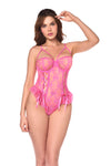 Flirty Pink Lace Teddy, Sheer Underwire Mesh Bodysuit with Ruffle Detail