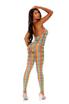 Back View Model A: Rear view of rainbow halter neck crochet bodystocking featuring bold open-back and cheeky cut-out detail.