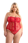 Red eyelash lace corset with lace-up back, boned structure, and matching g-string panty.