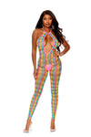 Front View Model A: Woman wearing rainbow crochet bodystocking with deep plunge neckline and open-crotch, styled with silver chain belt and clear heels.