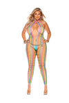 Front View Model B: Front view of plus-size model in colorful open-crotch crochet bodystocking with bold cleavage cutout and metallic accessories.