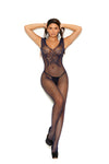 Navy fishnet bodystocking with butterfly lace motif, open crotch erotic lingerie