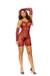 Burgundy crochet mini dress with cut‑out hem and matching fingerless gloves, sexy women’s hosiery