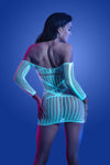 White and blue seamless glow-in-the-dark mini dress with long sleeves.