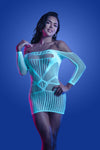 White and blue seamless glow-in-the-dark mini dress with long sleeves.