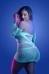 White and blue seamless glow-in-the-dark mini dress with long sleeves.