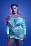 White and blue seamless glow-in-the-dark mini dress with long sleeves.