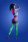 Neon green high-neck fishnet bodystocking with UV glow effect and matching g-string panty.