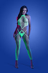 Neon green high-neck fishnet bodystocking with UV glow effect and matching g-string panty.