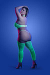 Neon green high-neck fishnet bodystocking with UV glow effect and matching g-string panty.