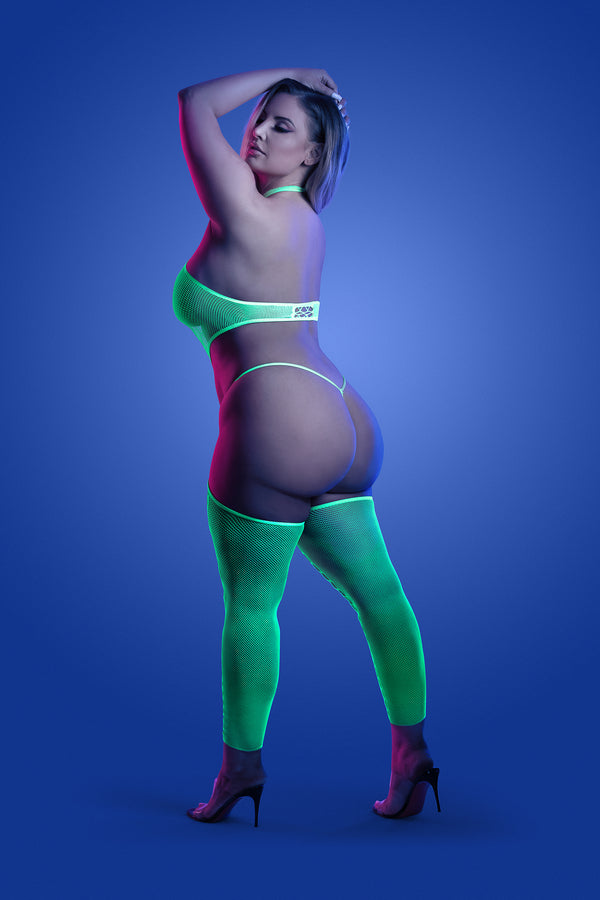Neon green high-neck fishnet bodystocking with UV glow effect and matching g-string panty.