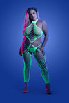 Neon green high-neck fishnet bodystocking with UV glow effect and matching g-string panty.