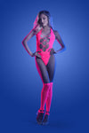 Neon pink rhinestone fishnet teddy with UV glow effect and matching gloves or leg warmers.
