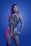 Black halter teddy with sheer mesh and rainbow reflective binding, featuring high-cut legs and thong back that glows under light.
