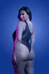 Black one-shoulder teddy with flash-reflective floral print, high-cut legs, and sheer mesh back that glows under light.