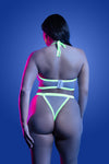 White glow-in-the-dark lingerie set with zipper-front bra, halter straps, and matching panty in UV-reactive mesh.