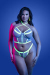 White glow-in-the-dark lingerie set with zipper-front bra, halter straps, and matching panty in UV-reactive mesh.