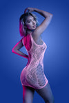 Back View: glow pink lace mini dress with sheer lace back and side cut-outs