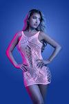 Front View: glow pink lace lingerie mini dress with cut-out front panel