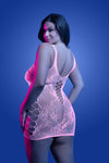 Plus Size Back View: glow pink lace mini dress with sheer lace back and side cut-outs