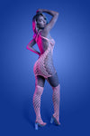 Back view sexy pink UV reactive bodystocking dress with crisscross straps and mesh cut-outs