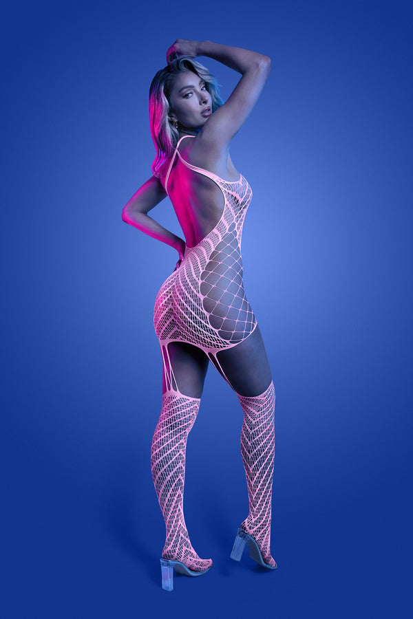 Back view sexy pink UV reactive bodystocking dress with crisscross straps and mesh cut-outs