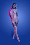 Front view UV reactive pink bodystocking dress with cut-out mesh and attached thigh-high detail