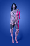 Plus Size Front view UV reactive pink bodystocking dress with cut-out mesh and attached thigh-high detail