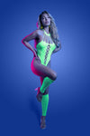 Front View: Neon green UV-reactive rhinestone teddy lingerie with daring cut-out front and matching mesh gloves, sexy hosiery style.