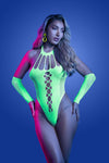 Front View: Neon green UV-reactive rhinestone teddy lingerie with daring cut-out front and matching mesh gloves, sexy hosiery style.