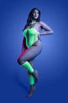 Plus Size Front View: Neon green UV-reactive rhinestone teddy lingerie with daring cut-out front and matching mesh gloves, sexy hosiery style.