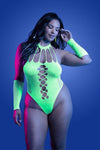 Plus Size Front View: Neon green UV-reactive rhinestone teddy lingerie with daring cut-out front and matching mesh gloves, sexy hosiery style.